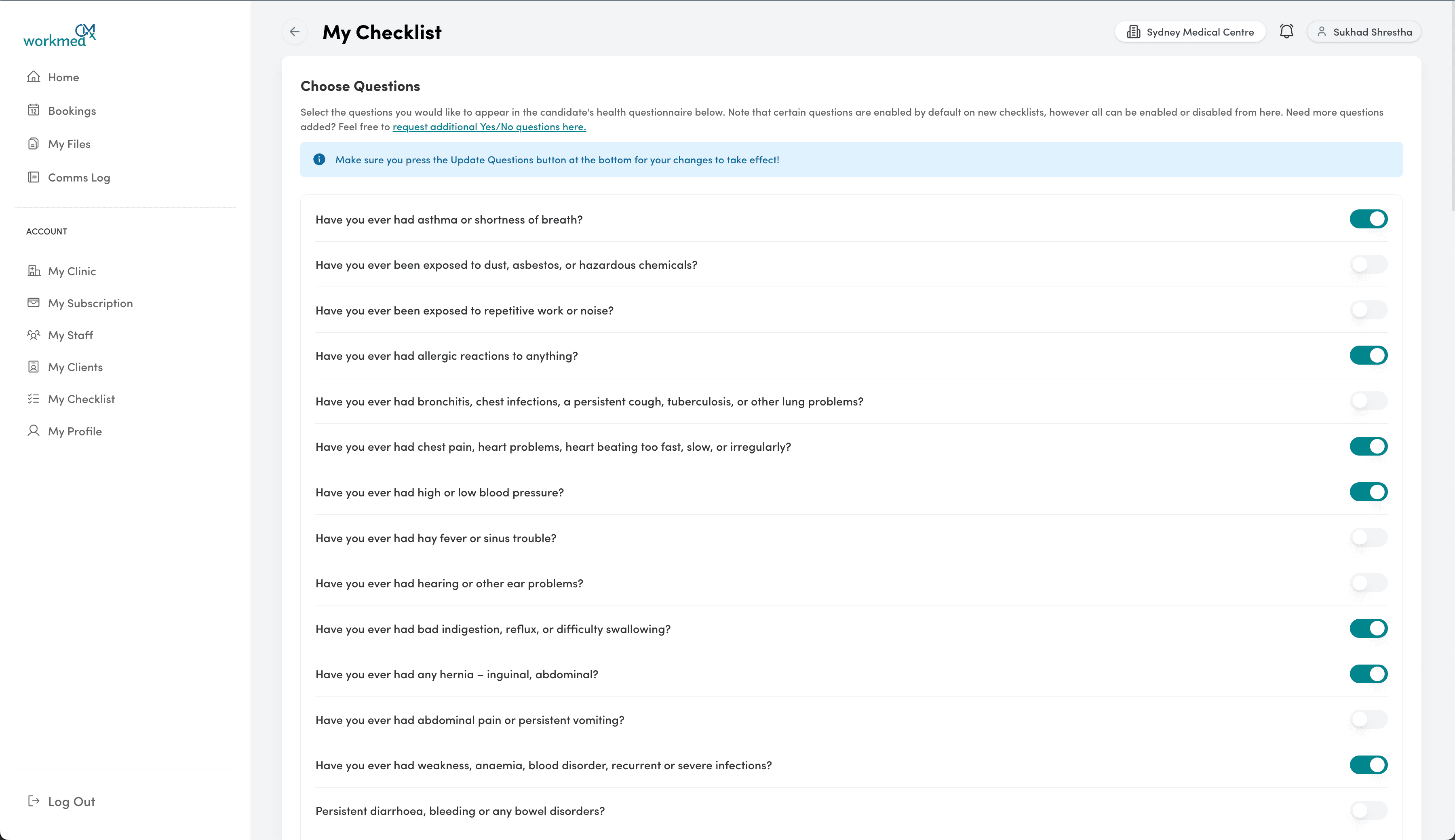 Selecting components for a checklist in CMx Workmed
